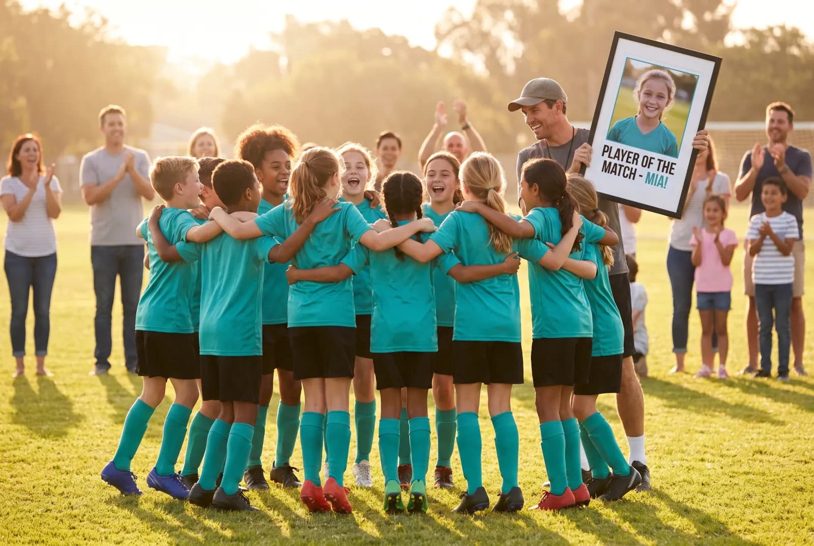 Youth team celebrating with a framed poster